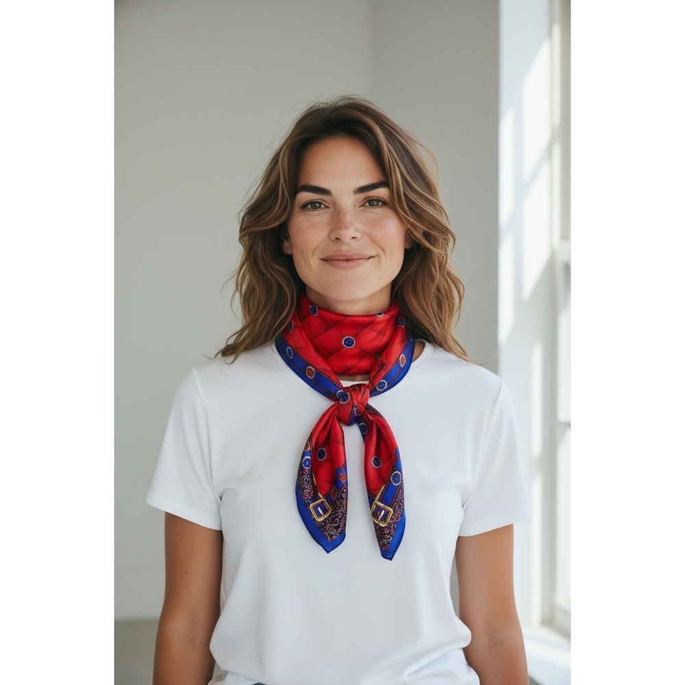 Laura Geraldi Silk Scarf Red Blue Equestrian Paisley Jewel Print Fringed Oblong